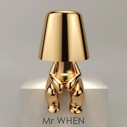 Bedside Touch Table Lamp – LED Colorful Plush Golden Thinker Figurine, Decorative Gold Statue for Bedroom and Desk