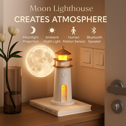 Creative Moonlight Lighthouse Projection Lamp with Human Body Sensor Remote Control LED Bedside Lamp Bluetooth Speaker for Bedroom Atmosphere and Sleep