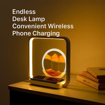 Wireless Charging Quicksand Painting Table Lamp USB Stepless Dimming LED Night Light Three-Color Temperature Dynamic Hourglass for Bedroom