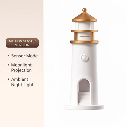 Creative Moonlight Lighthouse Projection Lamp with Human Body Sensor Remote Control LED Bedside Lamp Bluetooth Speaker for Bedroom Atmosphere and Sleep