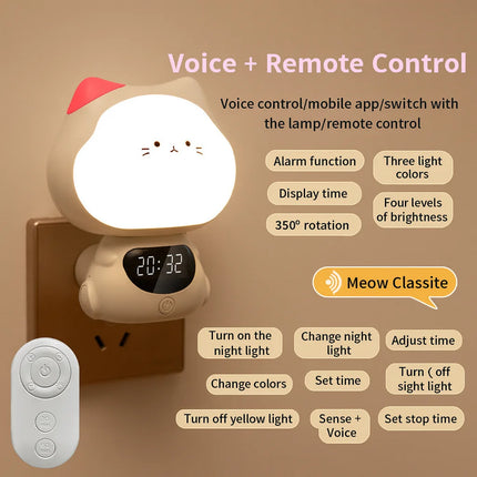 Voice-Controlled Intelligent Night Light – Baby Feeding Bedside Lamp with Soft Eye Protection Light, Remote Control & Clock