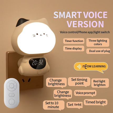 Voice-Controlled Intelligent Night Light – Baby Feeding Bedside Lamp with Soft Eye Protection Light, Remote Control & Clock