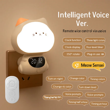 Voice-Controlled Intelligent Night Light – Baby Feeding Bedside Lamp with Soft Eye Protection Light, Remote Control & Clock