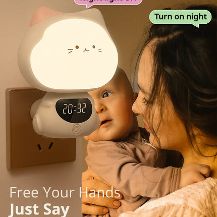 Voice-Controlled Intelligent Night Light – Baby Feeding Bedside Lamp with Soft Eye Protection Light, Remote Control & Clock