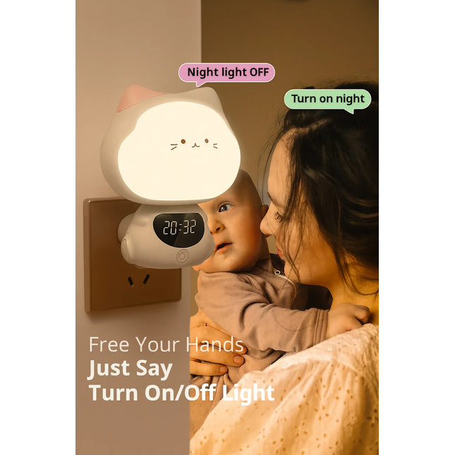 Voice-Controlled Intelligent Night Light – Baby Feeding Bedside Lamp with Soft Eye Protection Light, Remote Control & Clock