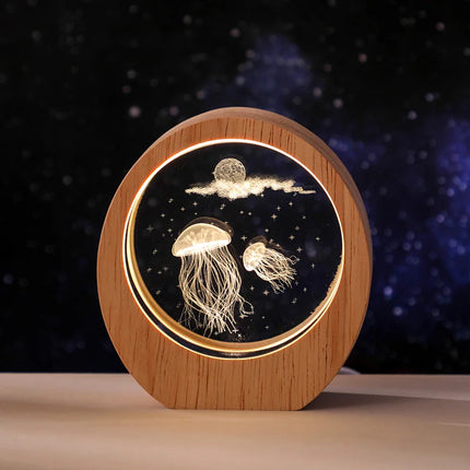 3D Crystal Carved Night Light – Wooden Frame Luminous Base, Creative Desktop Ornament, Gift & Decorative Lamp