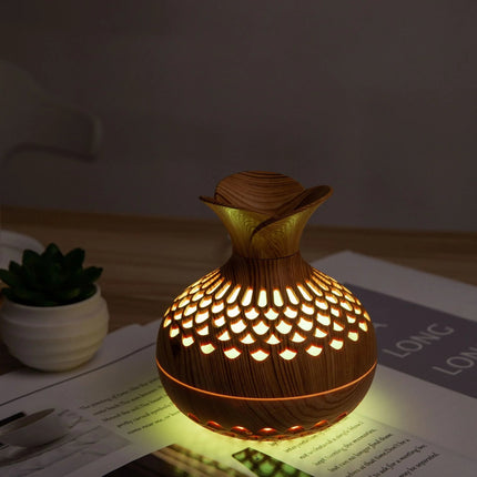Wood Grain Flower Humidifier 300ML USB Air Moisturizer with Colorful LED Lights Two-Speed Mist for Bedroom Home Office