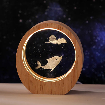 3D Crystal Carved Night Light – Wooden Frame Luminous Base, Creative Desktop Ornament, Gift & Decorative Lamp