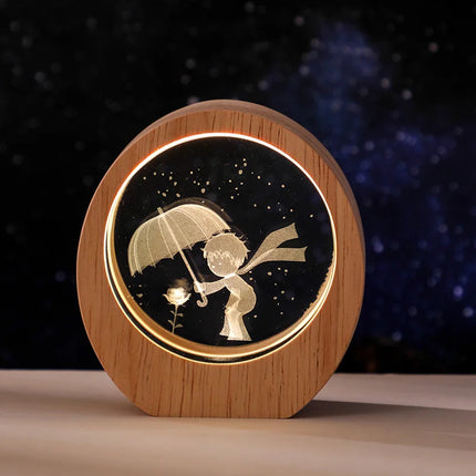 3D Crystal Carved Night Light – Wooden Frame Luminous Base, Creative Desktop Ornament, Gift & Decorative Lamp