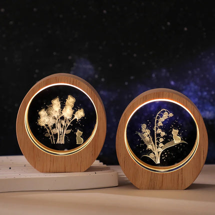 3D Crystal Carved Night Light – Wooden Frame Luminous Base, Creative Desktop Ornament, Gift & Decorative Lamp