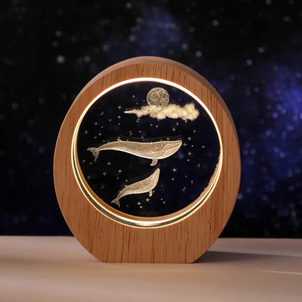 3D Crystal Carved Night Light – Wooden Frame Luminous Base, Creative Desktop Ornament, Gift & Decorative Lamp