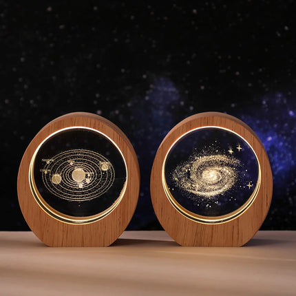 3D Crystal Carved Night Light – Wooden Frame Luminous Base, Creative Desktop Ornament, Gift & Decorative Lamp