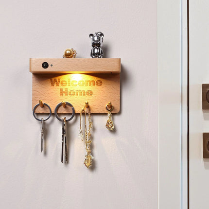 Welcome Home Wall Lamp Hook Shelf USB Rechargeable Solid Wood Magnetic Hook Shelf Key Rack Storage Lamp