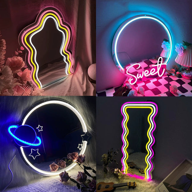 Cartoon Neon Characters Makeup Mirror – Acrylic Light For Bedroom, Bathroom, Or Vanity