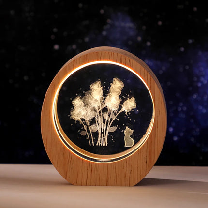 3D Crystal Carved Night Light – Wooden Frame Luminous Base, Creative Desktop Ornament, Gift & Decorative Lamp