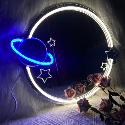Cartoon Neon Characters Makeup Mirror – Acrylic Light For Bedroom, Bathroom, Or Vanity