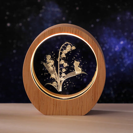 3D Crystal Carved Night Light – Wooden Frame Luminous Base, Creative Desktop Ornament, Gift & Decorative Lamp