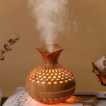 Wood Grain Flower Humidifier 300ML USB Air Moisturizer with Colorful LED Lights Two-Speed Mist for Bedroom Home Office