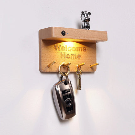Welcome Home Wall Lamp Hook Shelf USB Rechargeable Solid Wood Magnetic Hook Shelf Key Rack Storage Lamp