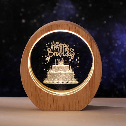 3D Crystal Carved Night Light – Wooden Frame Luminous Base, Creative Desktop Ornament, Gift & Decorative Lamp