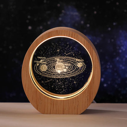 3D Crystal Carved Night Light – Wooden Frame Luminous Base, Creative Desktop Ornament, Gift & Decorative Lamp