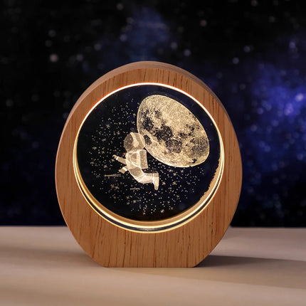 3D Crystal Carved Night Light – Wooden Frame Luminous Base, Creative Desktop Ornament, Gift & Decorative Lamp