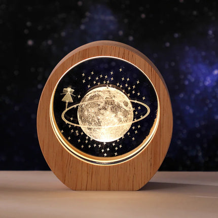 3D Crystal Carved Night Light – Wooden Frame Luminous Base, Creative Desktop Ornament, Gift & Decorative Lamp
