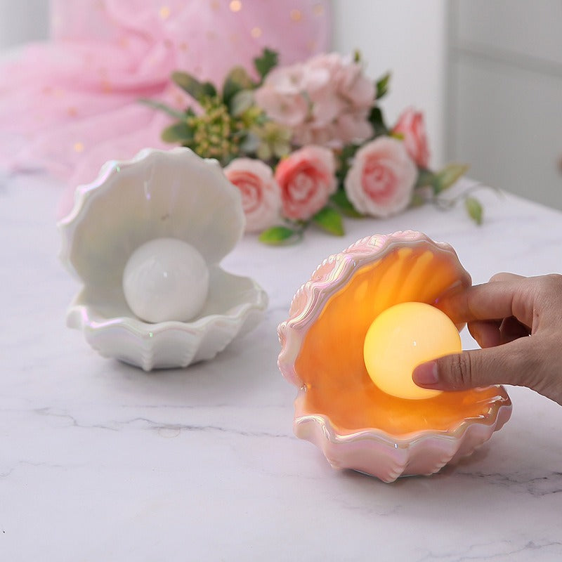 IMIKEYA Ceramic Shell Pearl Night Light – Portable Battery-Powered LED Lamp, Soft Glow For Bedroom, Beach-Themed Home Decor