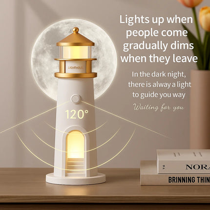 Creative Moonlight Lighthouse Projection Lamp with Human Body Sensor Remote Control LED Bedside Lamp Bluetooth Speaker for Bedroom Atmosphere and Sleep