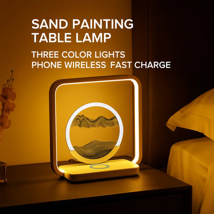 Wireless Charging Quicksand Painting Table Lamp USB Stepless Dimming LED Night Light Three-Color Temperature Dynamic Hourglass for Bedroom