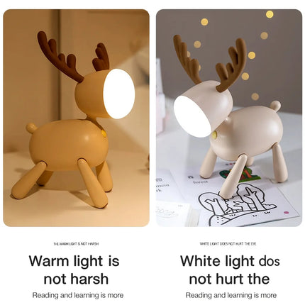 Cartoon Deer LED Night Light USB Rechargeable Silicone Elk Lamp for Kids Study Desk or Bedroom