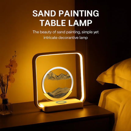 Wireless Charging Quicksand Painting Table Lamp USB Stepless Dimming LED Night Light Three-Color Temperature Dynamic Hourglass for Bedroom