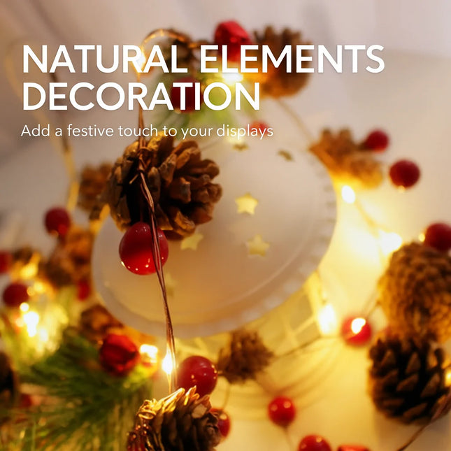 LED Christmas Bell & Pine Cone String Lights – Battery Decorative Indoor Garland