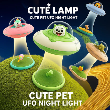 Cute Pet Space UFO Night Light USB Rechargeable Stepless Dimming LED Cartoon Bedside Lamp for Children's Bedroom