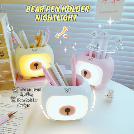 Bear Pen Holder Night Lamp Cute Girly Heart Romantic Bedside Lamp Multifunctional Nordic Style Bedroom Lighting